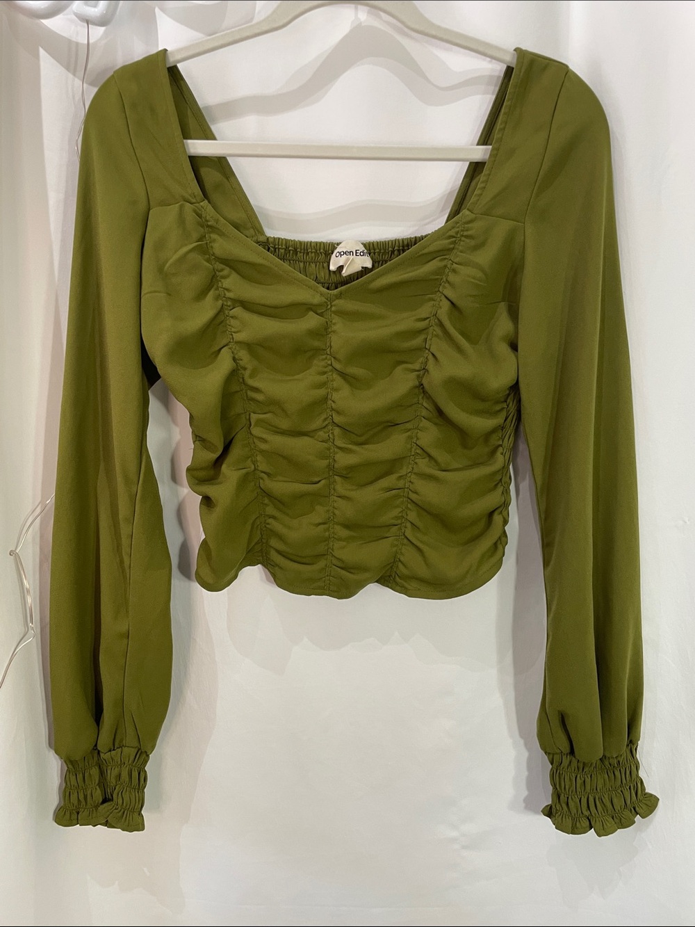Open Edit Olive Green Ruched Long-Sleeve Square-Neck Top